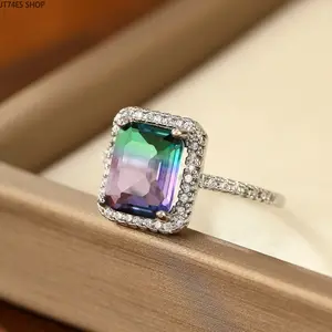 Women Shiny Large Square Zircon Ring, Gradient Purple Green Tourmaline Crystal Minimalist Luxury Daily Banquet Fashion Accessory