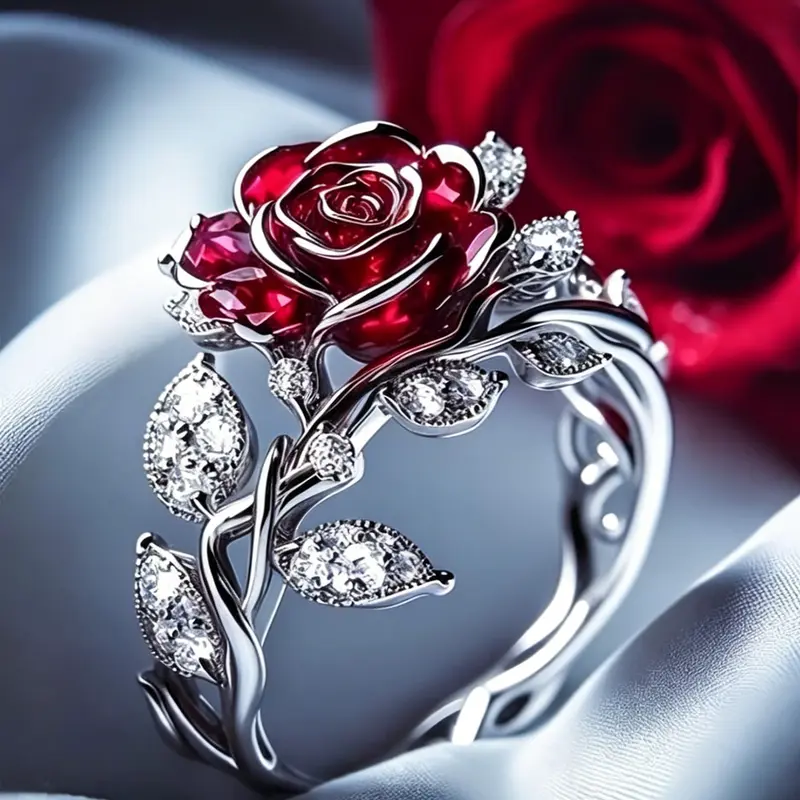 Vintage Rose Leaf Rhinestone Ring for Women, Elegant Glittering Ring, Beautiful Rings, Sparkling Zircon Inlay, Elegant Jewelry for Valentine's Day, Anniversary, Engagement, Wedding, Christmas, Daily Wear