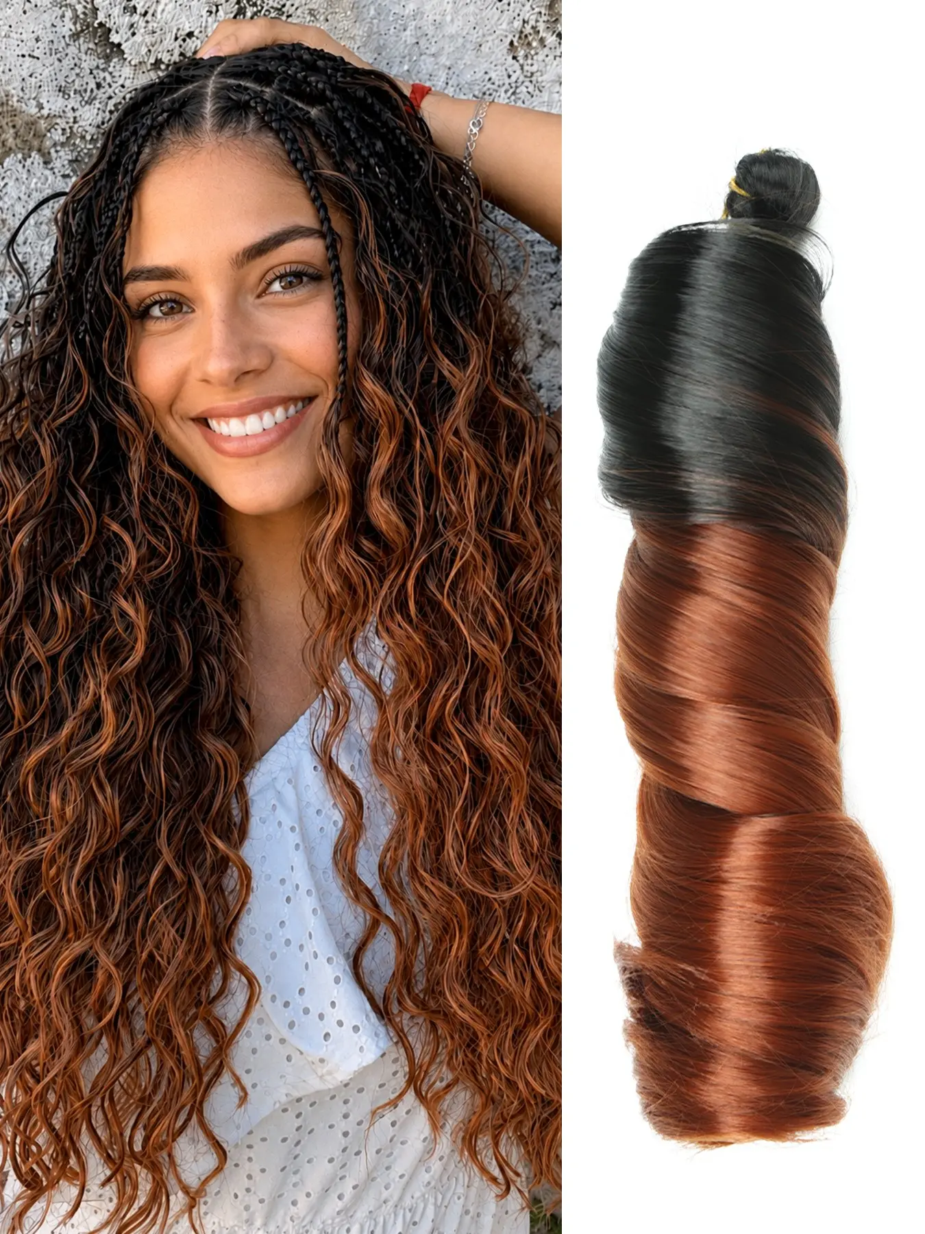 French Curls Extension Braiding Hair Ombre Brown Synthetic Bouncy Braided Hair Extensions For Women 150g/pack French Curly Wave Body Wave Crochet Hair Wavy Synthetic Hair 18 inch