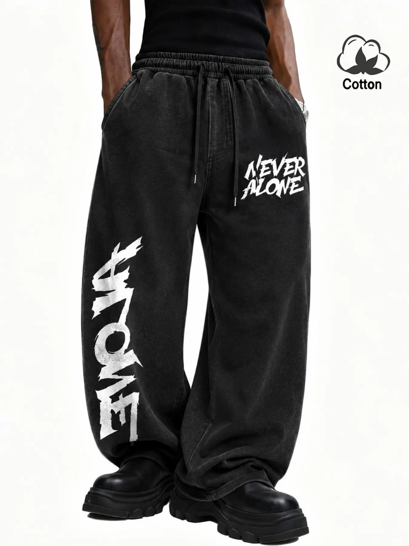 Men's Washed-Look Black Baggy Wide-Leg Sweatpants, Drawstring Pants, Athleisure Style Pants with White Letter and NEVER ALONE Graphics, Elastic Waist, Side Pockets, Retro Y2K Hip Hop Streetwear for Campus, Casual Wear
