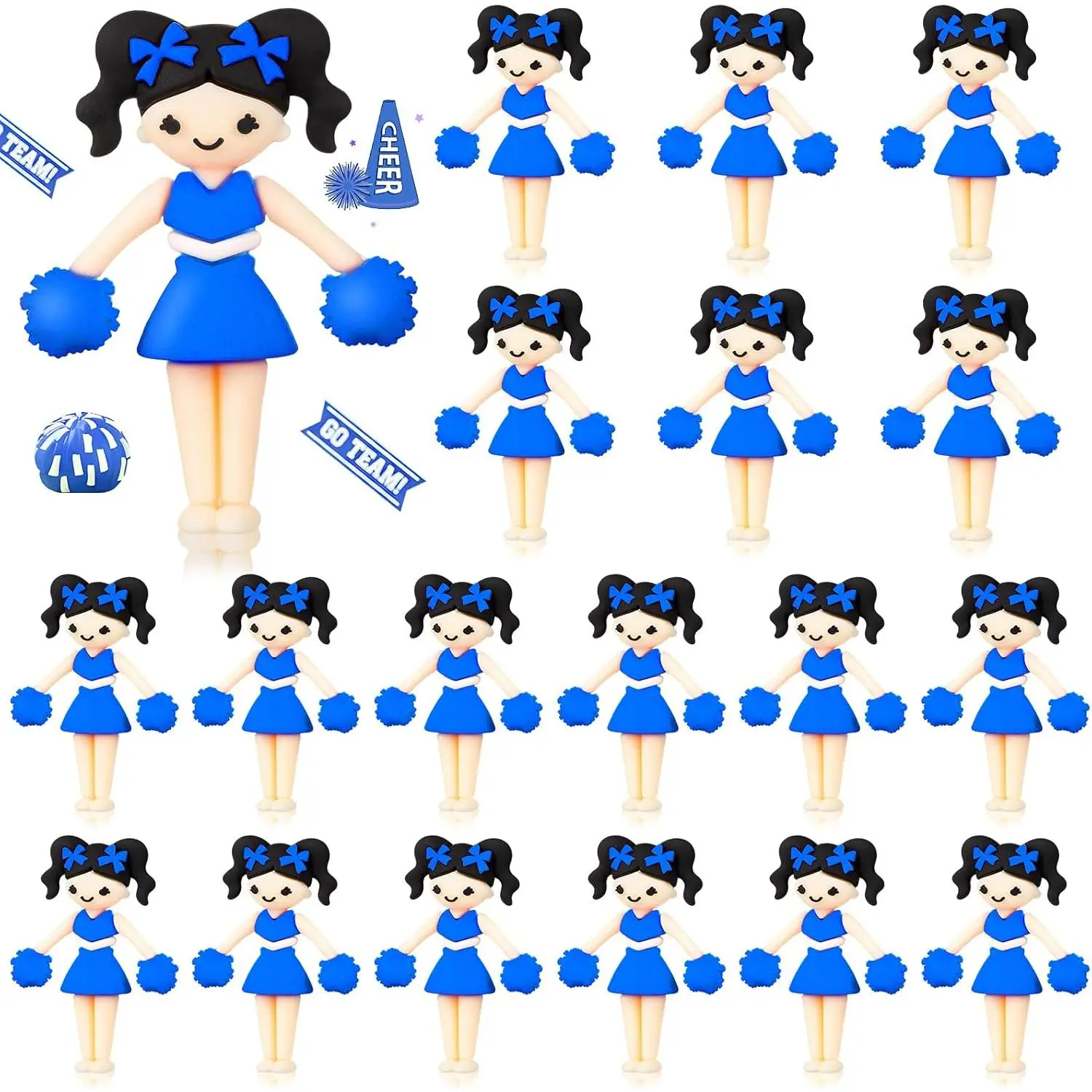 20 count  Team Gifts Bulk Cheerleader Women Dancer Figurine with Bows Pom Poms for Christmas Cheerleader Ornament  Team Inspirational Gifts(Blue)