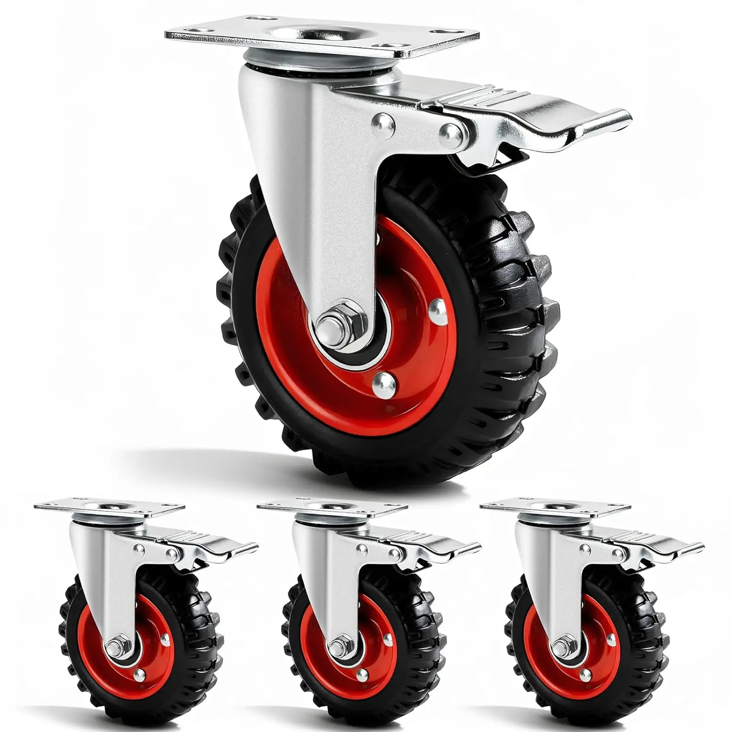 5in Heavy-Duty Swivel Plate Casters, 4-Wheel Set with Safety Double-Lock Rubber Wheels & Mounting Kit, 2400 lbs Load Capacity, Suitable for Workbenches, Carts/Furnishings