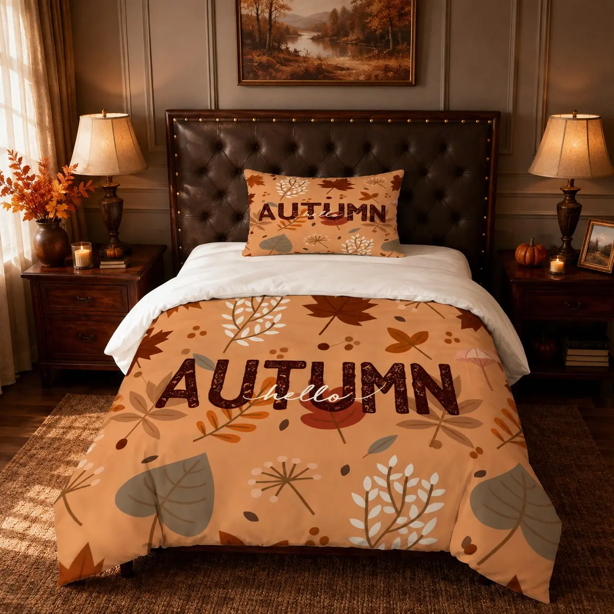 Hello Autumn Simple Hand-Drawn Leaf Duvet Cover Set, 2/3 Pack (1 Duvet Cover + 1/2 Pillowcases, No Inserts), Soft Breathable Neutral Pastoral Seasonal Bedding for Bedrooms and Guest Rooms, Ideal Gift for Thanksgiving