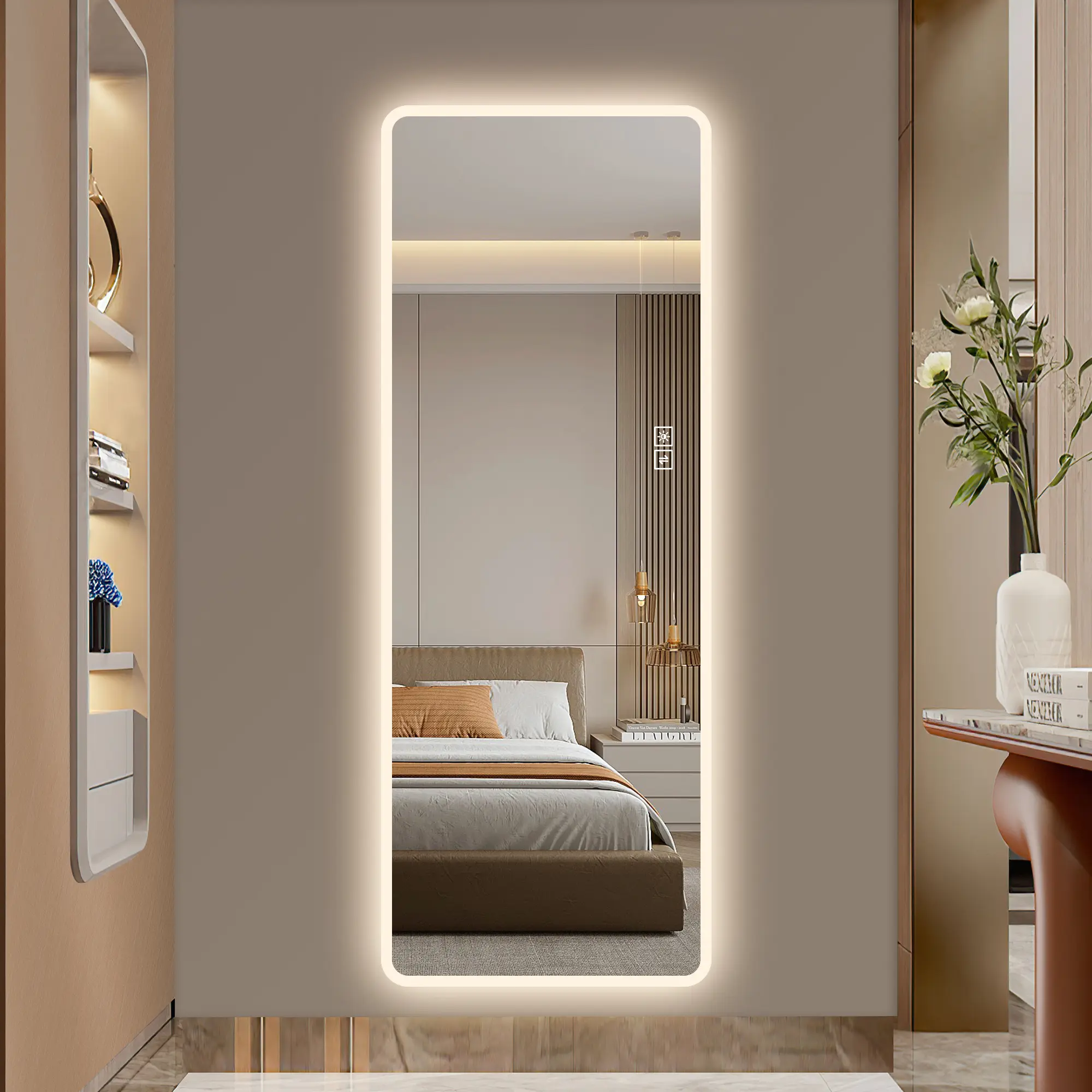 Nokka LED Full Length Mirror Wall Mounted Lighted Body Mirror with Frosted Edge Lighting, 3 Color Temperatures Stepless Dimming, HD Silver Dressing Mirror for Bedroom Closet Living Room, Clear Glass, Artsy Modern Style