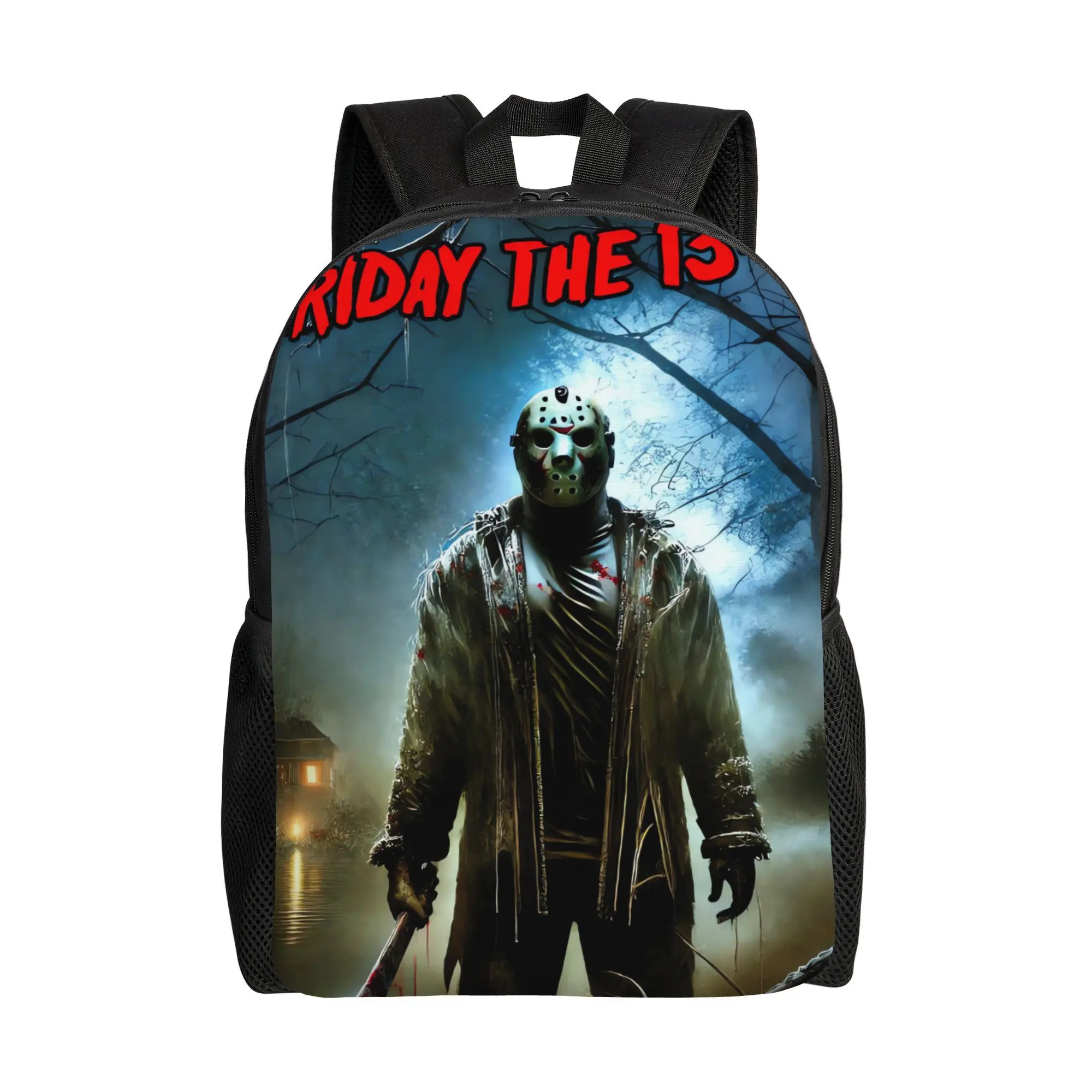 Friday The 13th Jason Voorhees Horror Movie Adjustable Backpack, Spooky Camp Crystal Lake Dark Night Graphic Art Daypack, 600D Fabric School Bag with Padded Straps, 15-in Laptop Fit, Side Mesh Pockets, Washable Holiday Bag for Horror Fans, School Trip, Ad