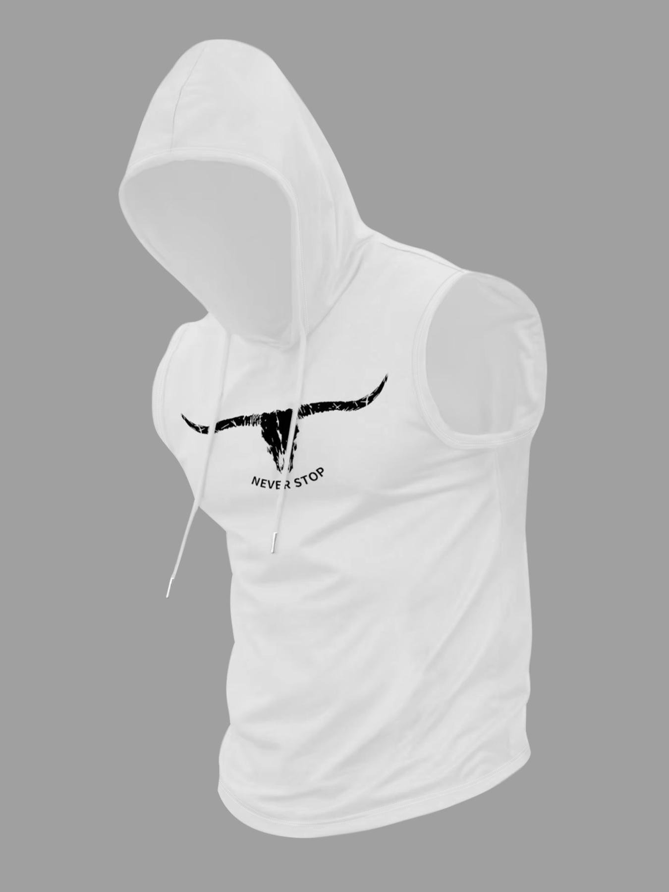 Men's Regular Fit Letter & Bull Head Print Hooded Tank Top, Casual Graphic Sleeveless Top for Summer, Fashion Men's Top for Daily Wear, Workout Tank Top