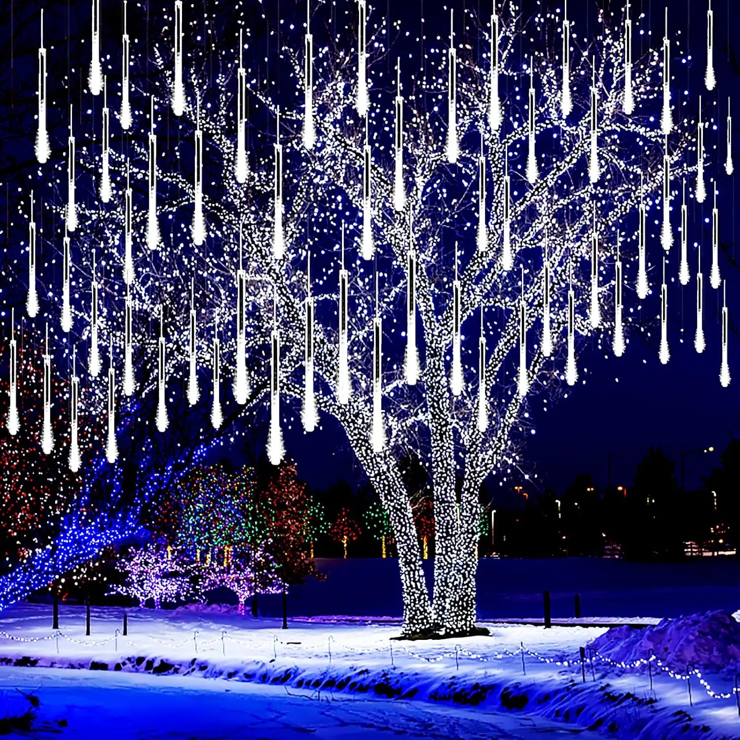 Christmas Lights Outdoor, 8 Tubes Meteor Shower Lights LED Snow Falling Icicle Cascading Light for Xmas Tree Wedding Decoration Party, UL Plug, White