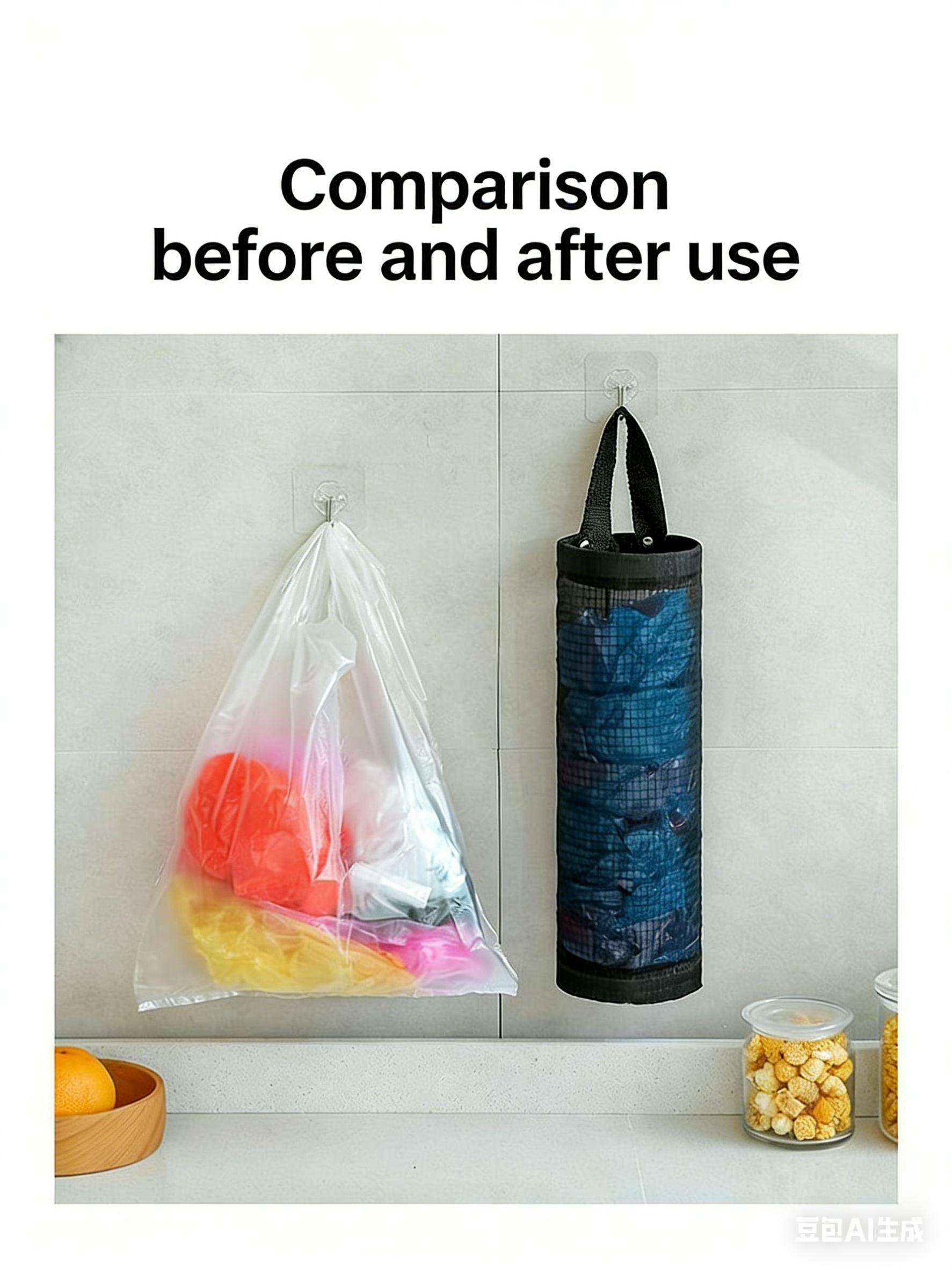 Free 2 Self-Adhesive Hooks,2 Counts Plastic Bag Storage Bag,Hanging Foldable Mesh Bag,Garbage Bag Organizer,Kitchen Storage Bag,Kitchen Organizer,Household Items. reusable plastic pouch case w vegetable fruit meat self-adhesive hook