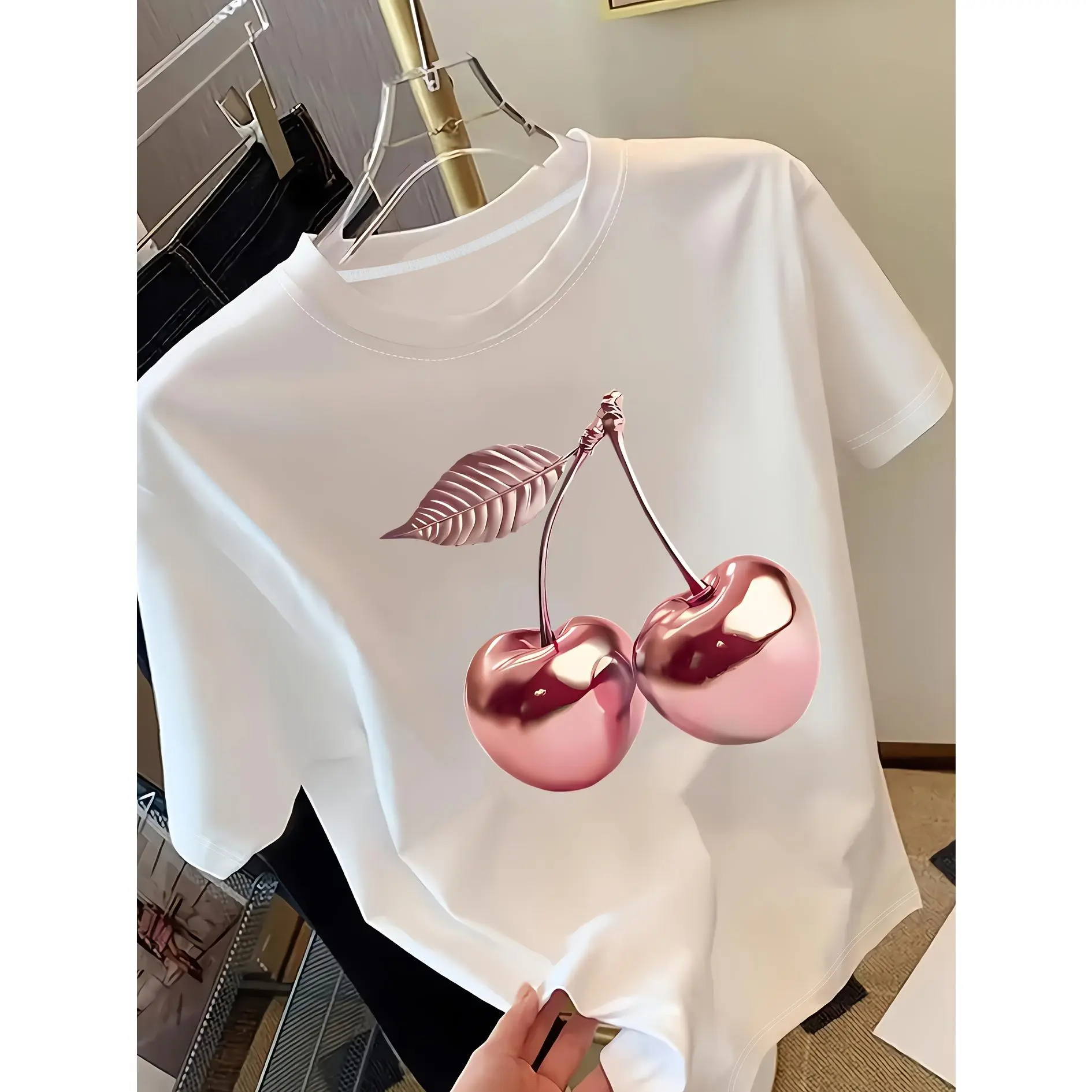 Shiny Pink Double Cherry Fruit Glossy Watercolor Print  Daily Short Sleeve  For Sweet Fruit Lovers And Soft Pastel Feminine Streetwear Tops t-shirt good graphic  quote basic trendy vintage skull high-quality cotton  top hot trend short-sleeve girlfriend