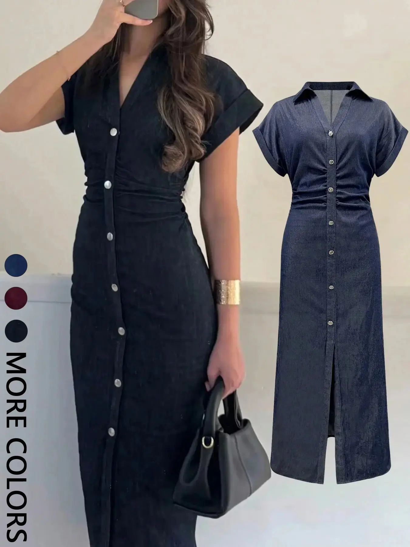 Elegant Women's Pleated Button Front Dress, Sexy Short Sleeve Collared Plain Summer Dress, Loose-Fitting Non-Elastic Fabric Casual Wear