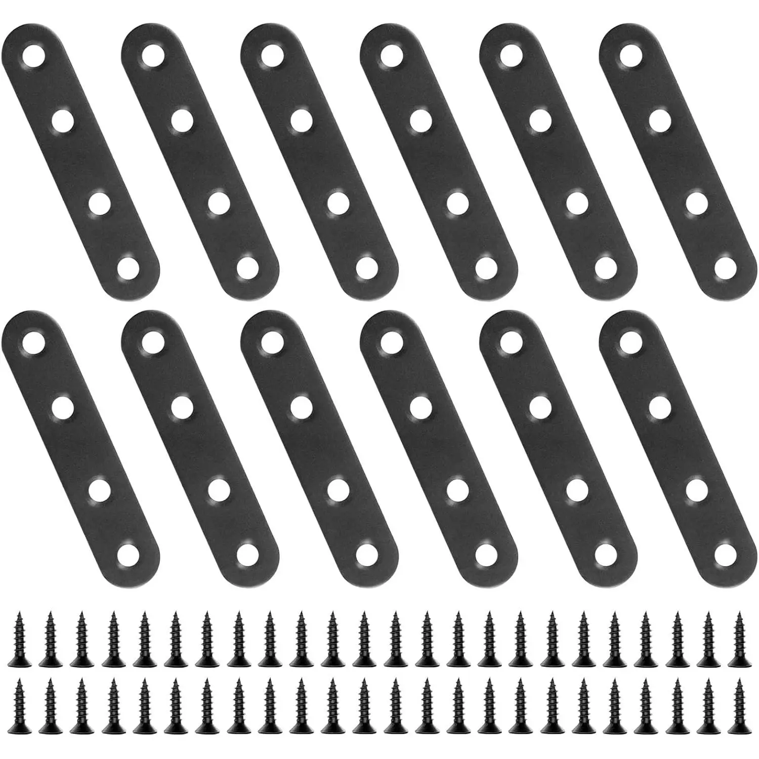 12 count 2.99'' x 0.63'' Stainless Straight Flat Brackets, Black Flat Metal Brace Bracket, Support Flat Metal Brace for  Furniture, Mending Plate Connector Joining Bracket for Fence,48 Screws
