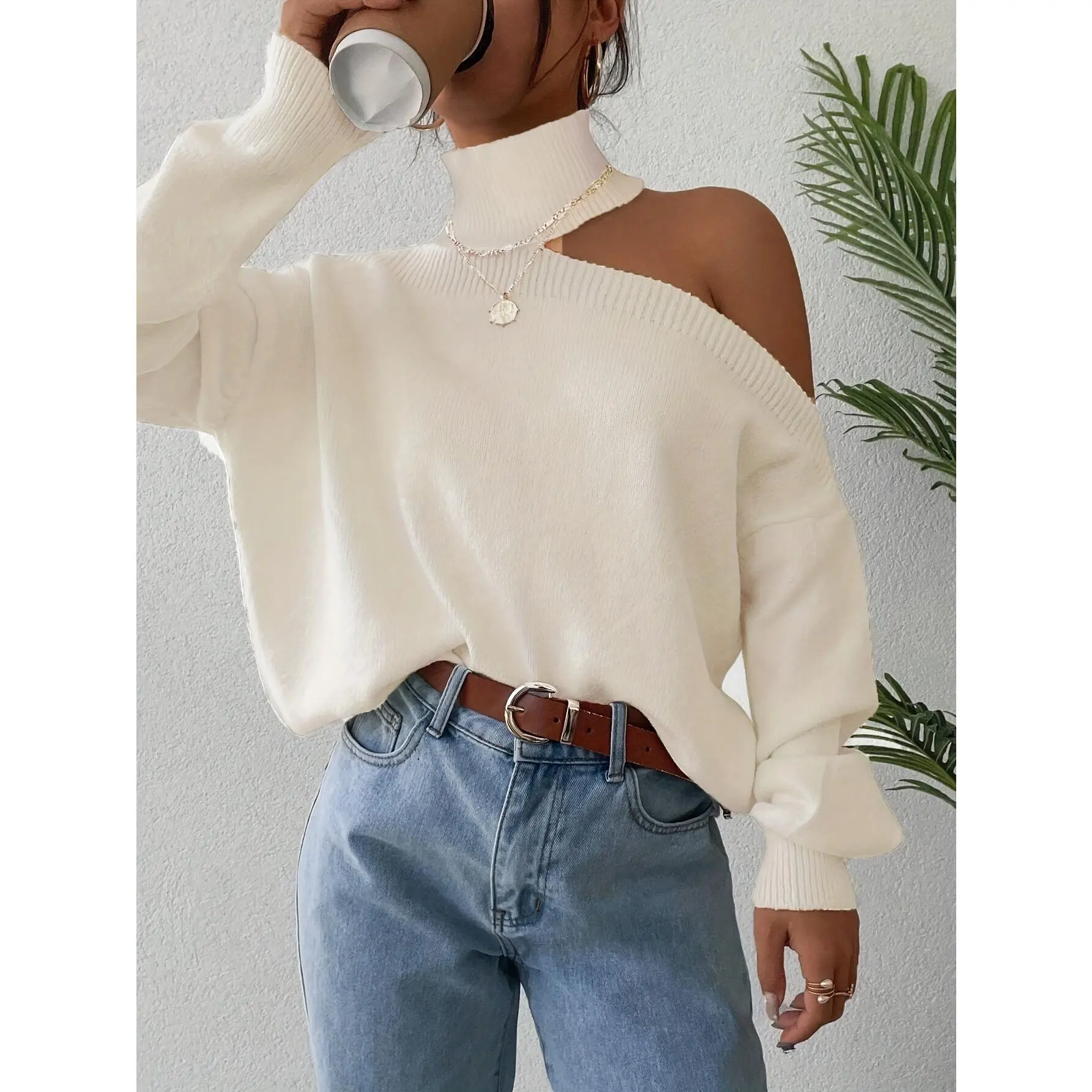 Women's Elegant Off-Shoulder High Neck Sweater - Solid Color Winter Warm Pullover Sweater Suitable for Fall/Winter, Machine Washable Cozy Sweater for, Office, Semi-Formal Attire