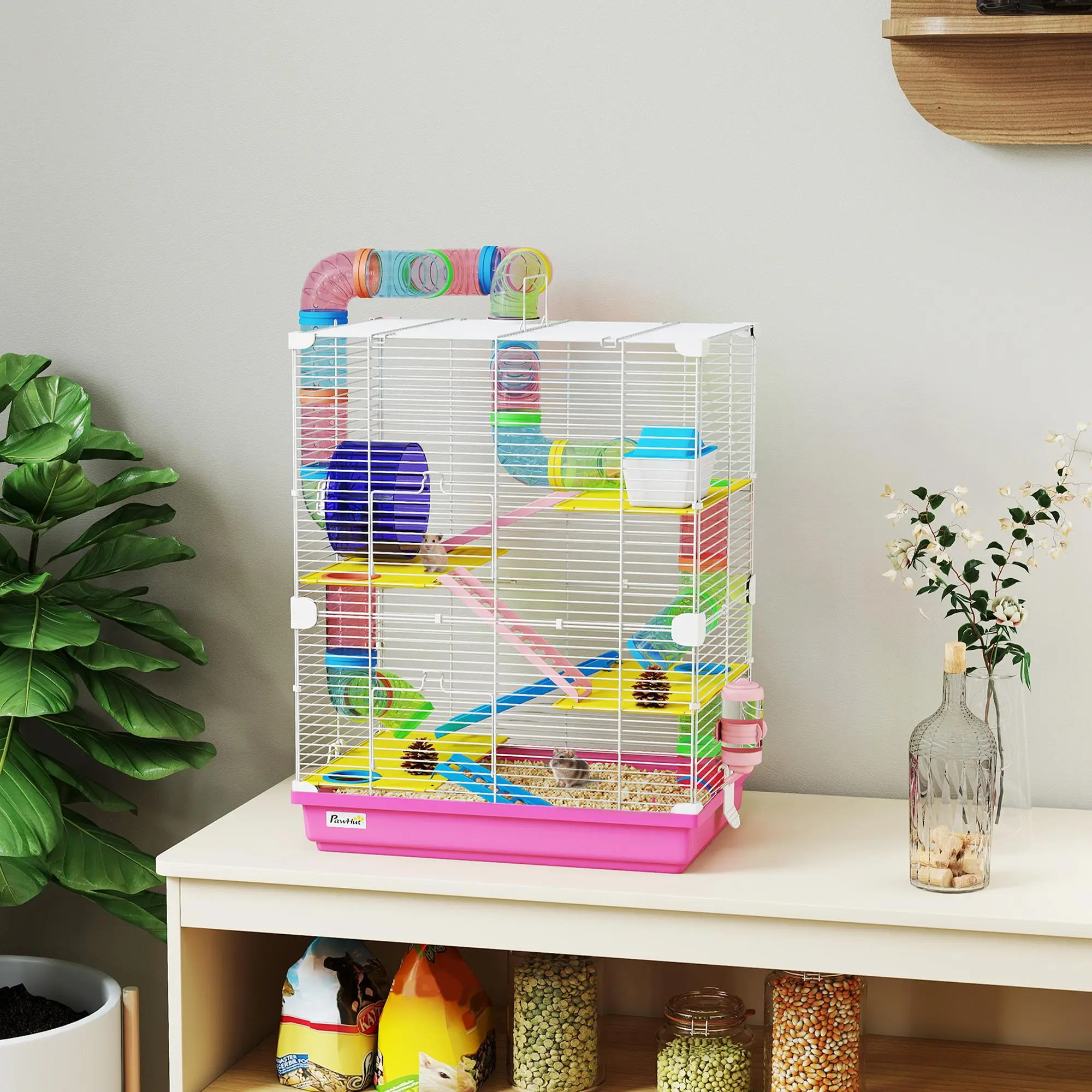 PawHut 5-Tier Hamster Cage, Portable Small Animal Habitat & Travel Carrier with Exercise Wheels, Tunnels, Tubes and Multi-Level Play Area, Hamster House for Dwarf Hamsters, Gerbils, Mice, Rodents, Indoor Pet Enclosure with Accessories, Pink