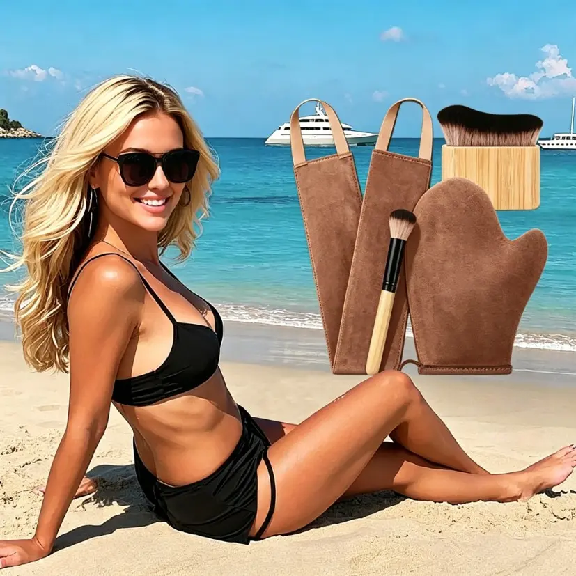 Self Tanning Tools Kit, Large Tanning Mitt, Back Self Tanner Applicator, Bamboo Brush, Velvet Gloves, Flawless Tan, No Streaks, Cosmetology Supplies, Beauty Equipment, Skin Care Tools, Smooth