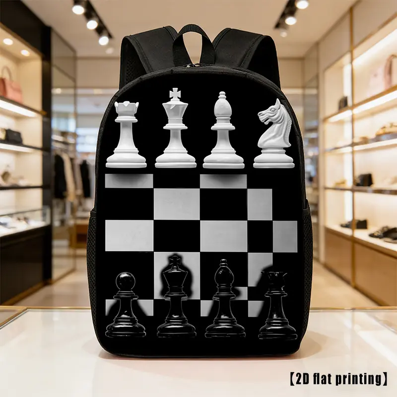 A Lightweight, Spacious Unisex Backpack Featuring a Black And White Chessboard Design, Equipped with Adjustable Shoulder Straps And Side Pockets. Perfect for Everyday Use, Commuting, And Various Activities. Great for Hiking, Climbing