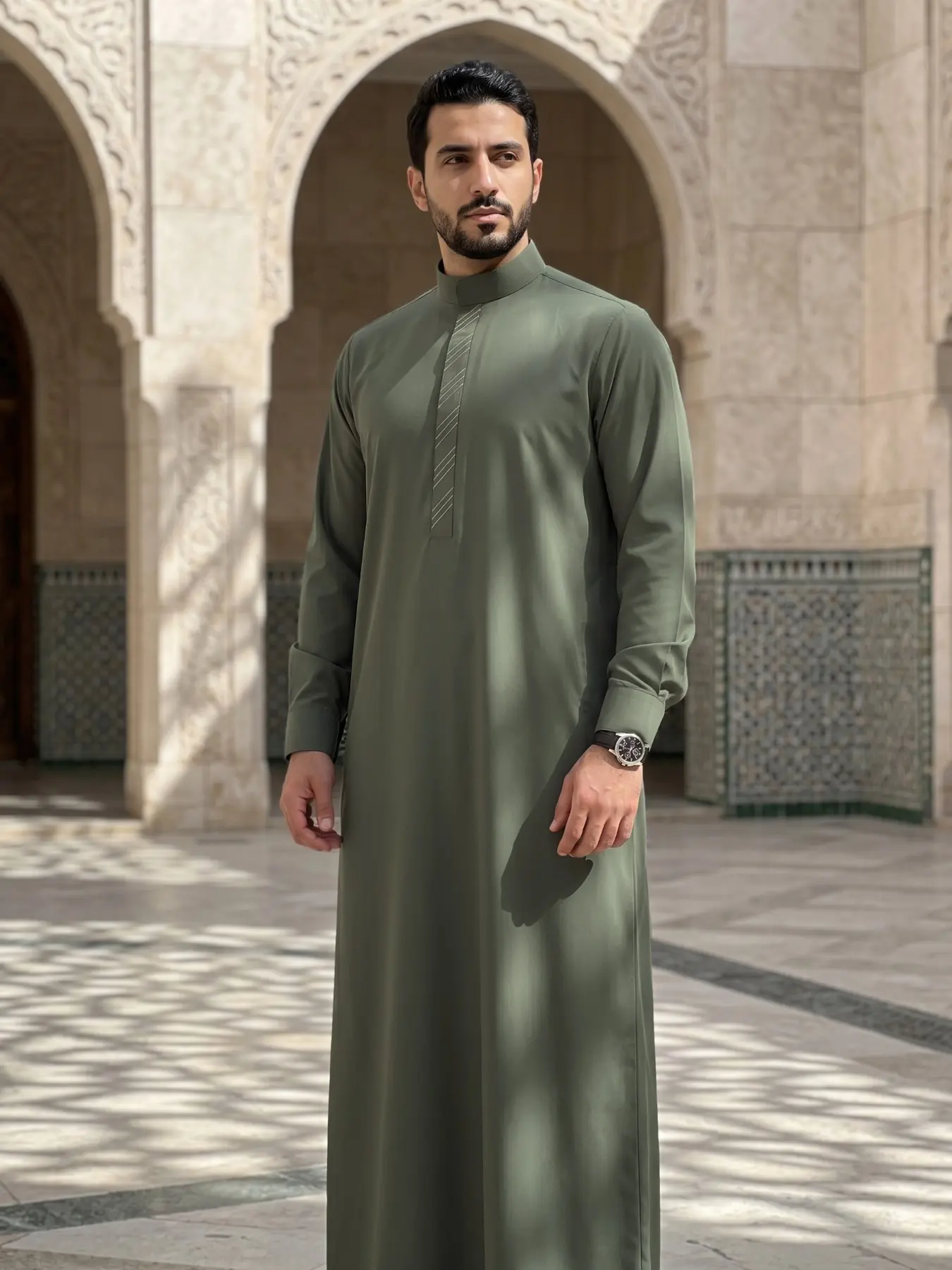 Islamic Moroccan Long Robe for Men, Olive Stand Collar, Loose-Fitting, Embroidery Pattern, Traditional Festival Wear, Gift Idea