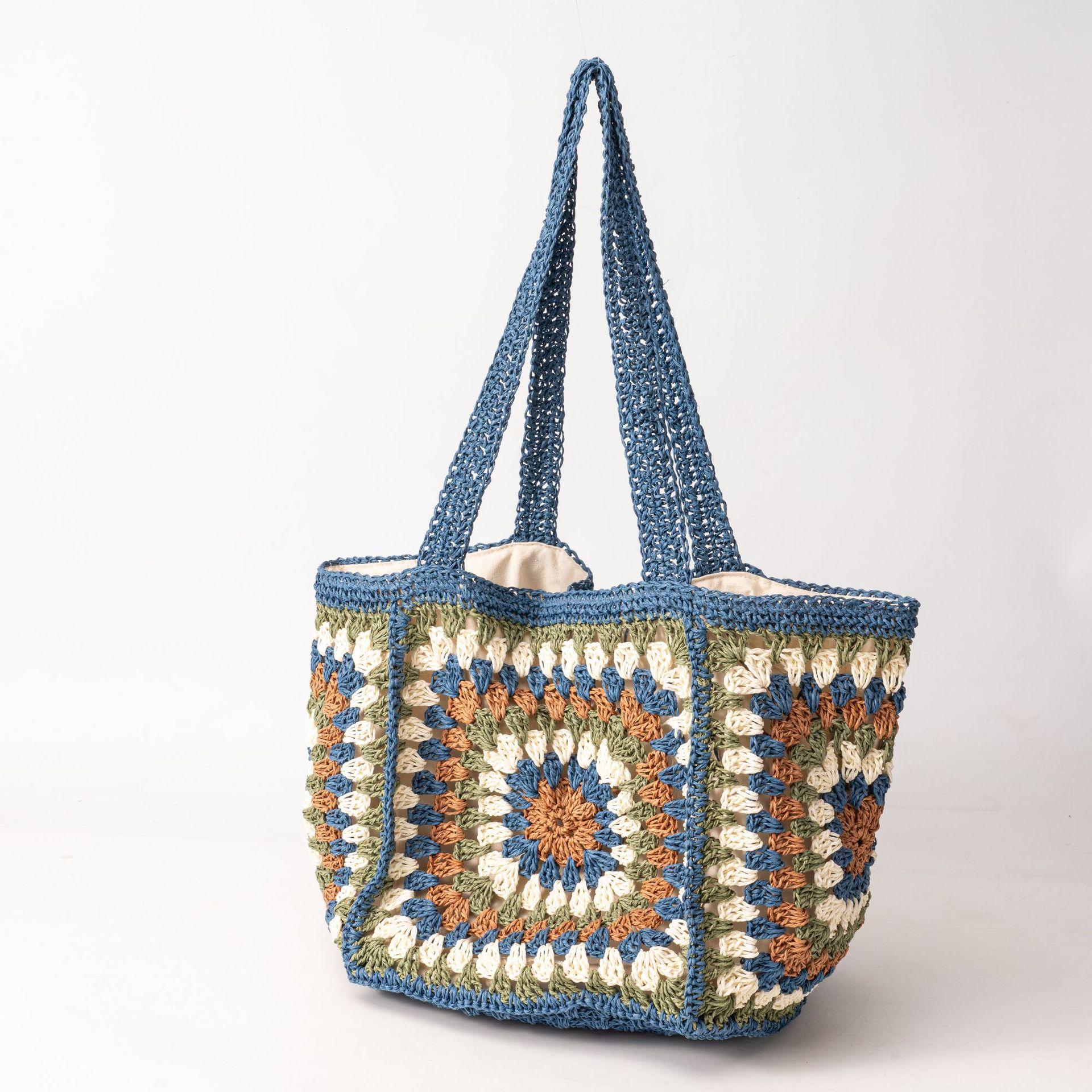 Grandmother Grid High-End Single-Shoulder Straw Bag for Women, Hand-Woven Bag with Large Capacity Canvas Lining, Beach Tote Bag