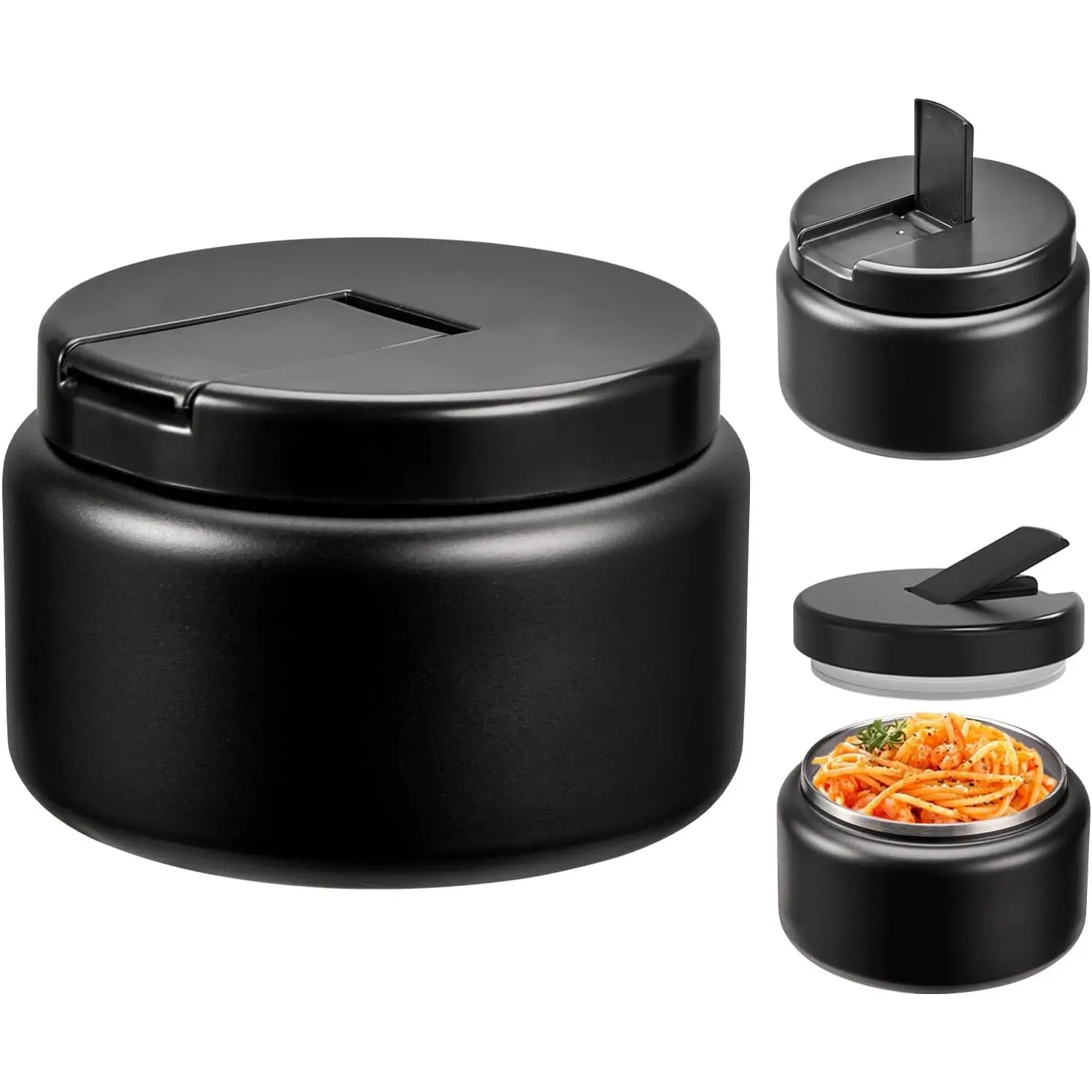 13.5oz  Jar for Hot , Insulated Vacuum  Jar with Buckle Lid, Stainless Steel Wide Mouth Leak Proof Insulated Lunch Container for School Picnic Travel, Black