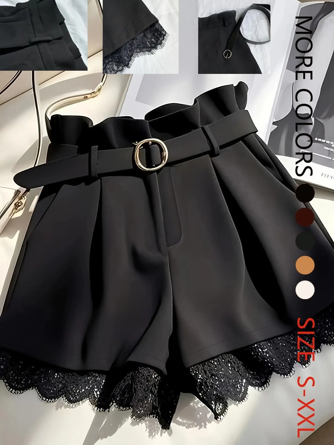 Elegant Patchwork Contrast Lace Shorts, Casual Fitted Natural Waist Pants, Button Fly Closure, Includes Belt, Women's Fashion