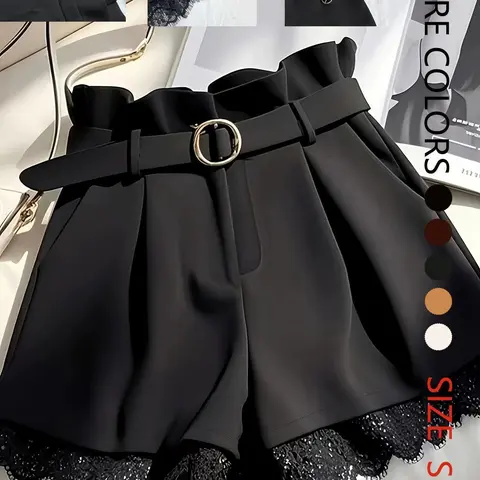 Elegant Patchwork Contrast Lace Trouser Shorts, Casual Fitted Natural Waist Pants, Button Fly Closure, Includes Belt, Women's Fashion