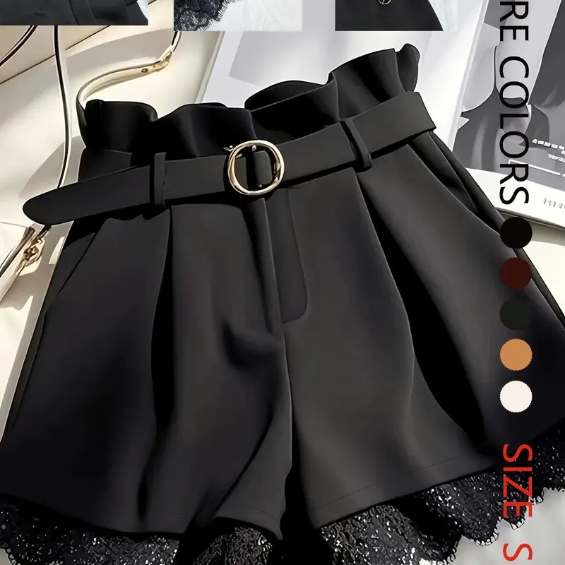 Elegant Patchwork Contrast Lace Trouser Shorts, Casual Fitted Natural Waist Pants, Button Fly Closure, Includes Belt, Women's Fashion