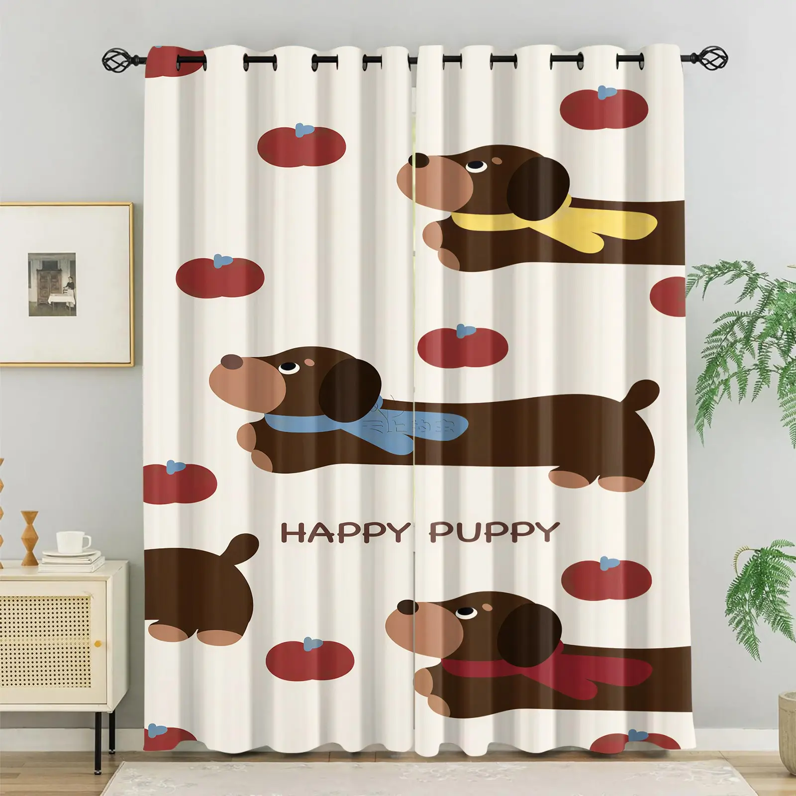 2Pcs Cute Dog Pattern Blackout Curtains, Man’s Best Friend Design, Fun Creative Print, Smooth Wrinkle-Resistant Fabric, Easy to Install & Clean, Heat Insulating & Sun Blocking, Multi-Style Fabric Room Divider for Home, Dorm & Hotel