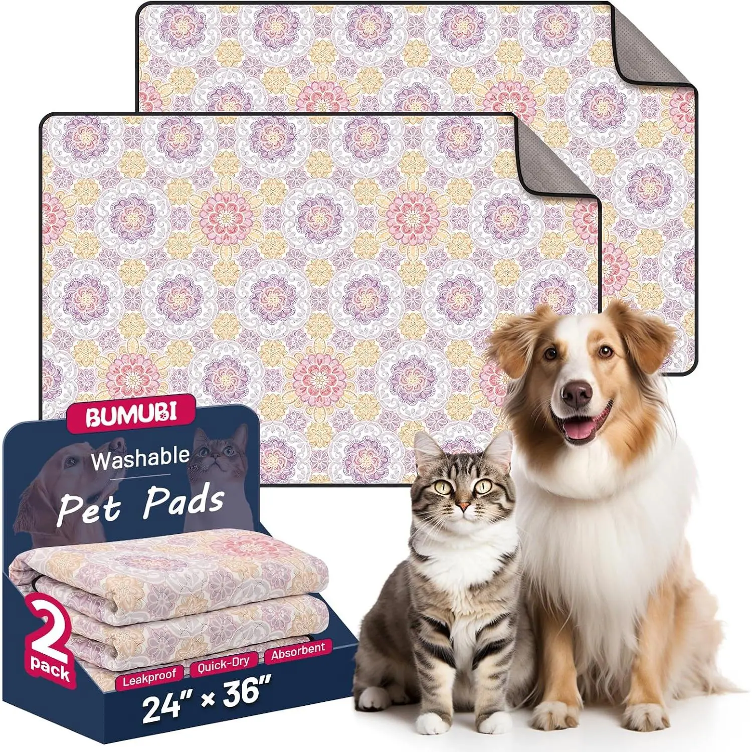 Washable Dog Pee Pads, 2 Packs 24x36 Absorbent Puppy Training Pads | Waterproof Leak - Proof & Non - Slip Reusable Pee Pads for Crate Whelping Potty Training