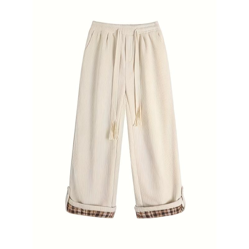 Fashion men's wear: Men's Casual Corduroy-Textured Wide-Leg Pants with Plaid Contrast Cuffs - Beige & Brown All-Season Straight-Leg Trousers, Machine Washable for Casual Attire