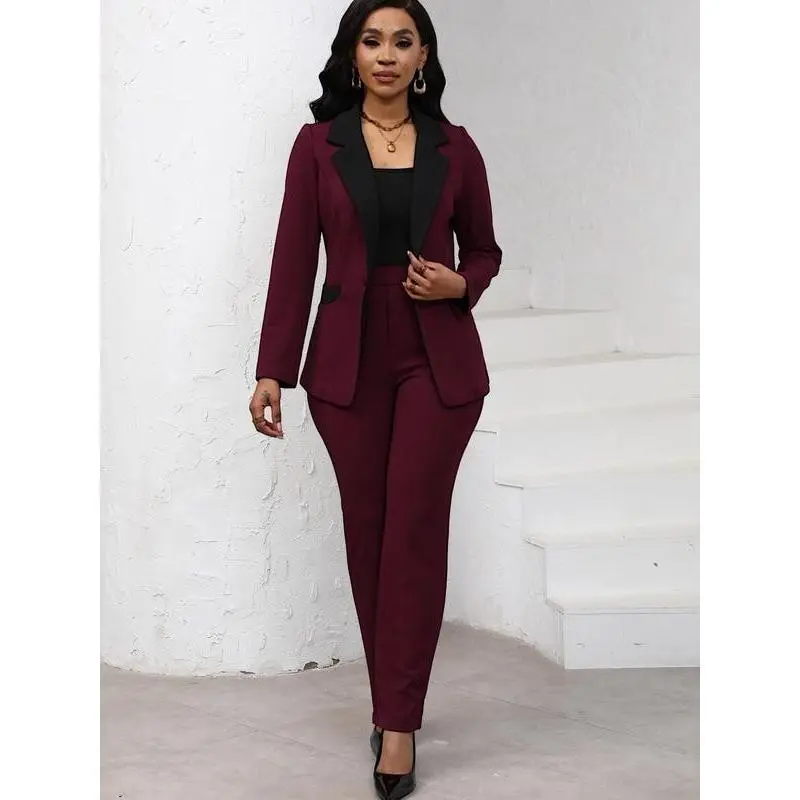 Women's Colorblock Blazer & Straight Leg Pants Set Suits, Elegant Two-piece Set for Work Office Business, Ladies Clothes for All Seasons