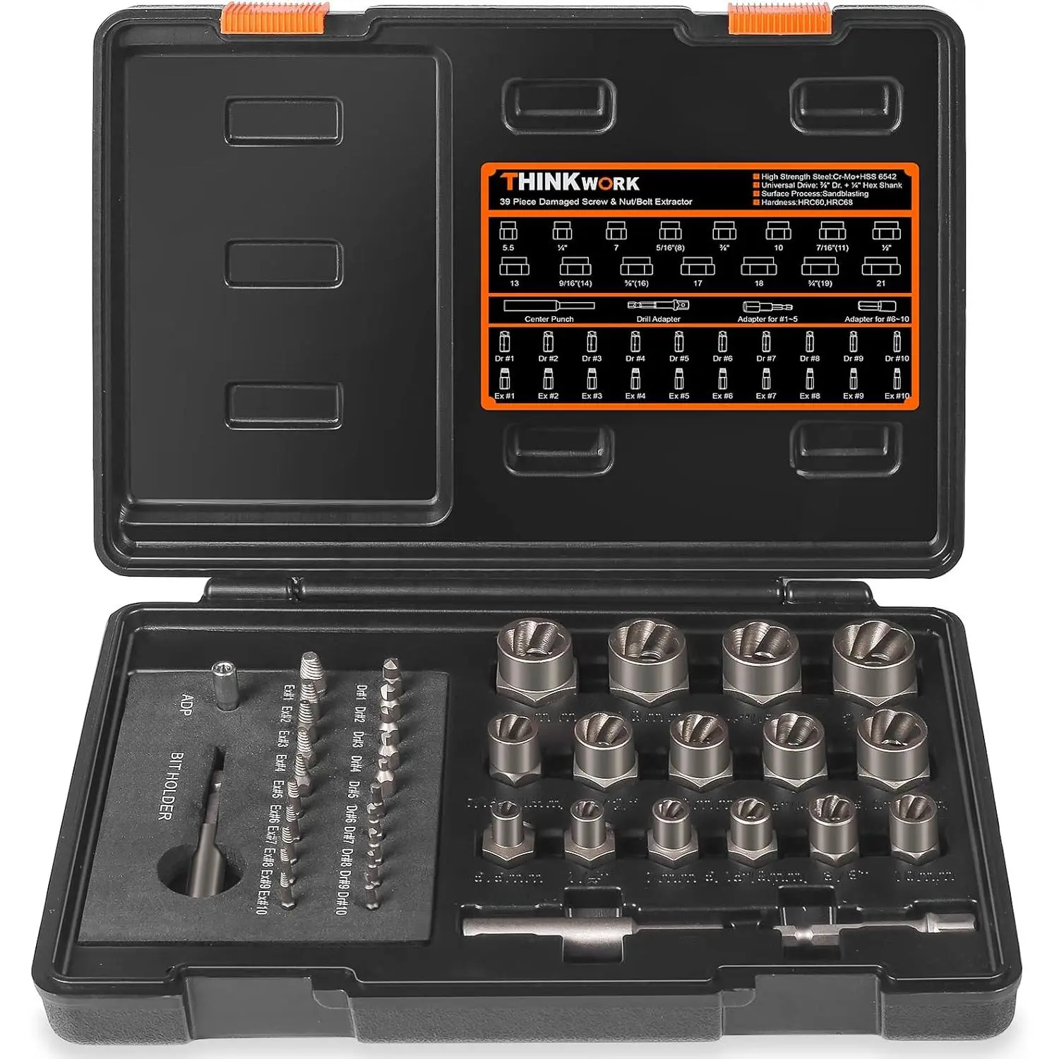 39-Piece Metal Screw Extractor Set, 2-21mm Broken Bolt Remover Kit, 3/8" Drive Lug Nut Removal Tool for Rusted, Rounded-Off, Stripped Fasteners, Damaged Screw Extractor