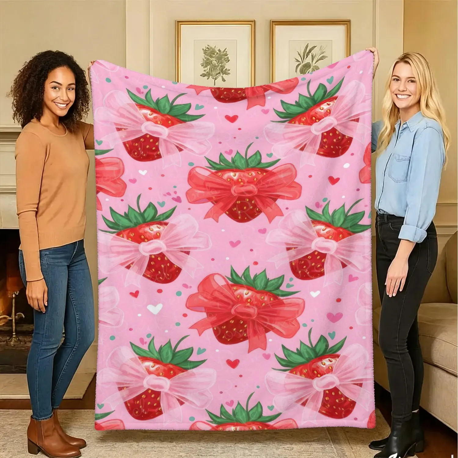 Cute Strawberry Double Pink Bow Heart Throw Blanket, Plush Nursery Sofa Throw & Premium Baby Gift Blanket for Soft Apartment Decor, Reading Nook, Strawberry Bow Themed Party, Delicate Keepsake Gift for Young Girls