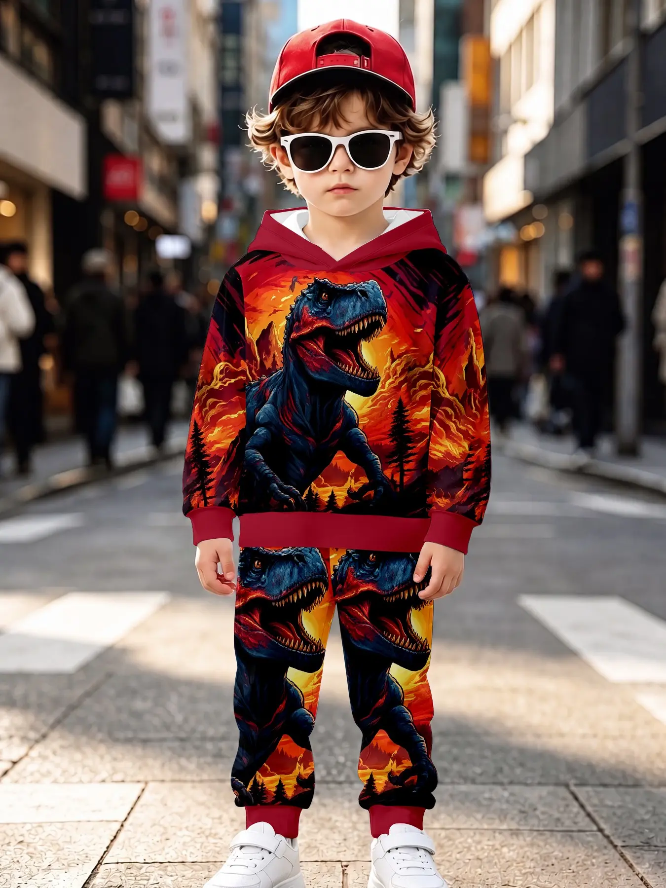 Flame Tyrannosaurus Rex Full Print Boys' Sweatshirt Set, Casual Long Sleeve Sweapants, Loose-Fitting Natural Waist, Fall & Winter