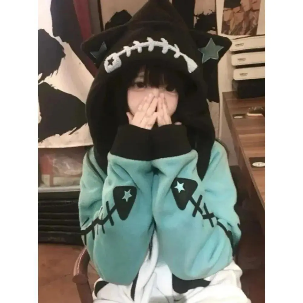 Japanese Kawaii Fish Bone Long Sleeve Detachable Hood Women Zipper Y2k Aesthetic Streetwear Hoodies Harajuku Zipper Sweatshirt