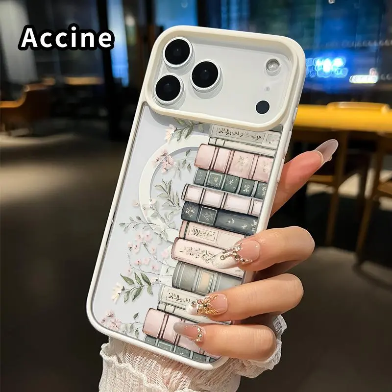 Tough Magnetic Floral Book Stack Smartphone Case for iPhone 18 Pro Max,17,16,15,14 Plus,13,12,11,Air Plus E - Hard Acrylic Back, Soft Silicone, Non-Yellowing, Shockproof, Fingerprint-Friendly, Wireless Charging Support, Phone Accessories Protection