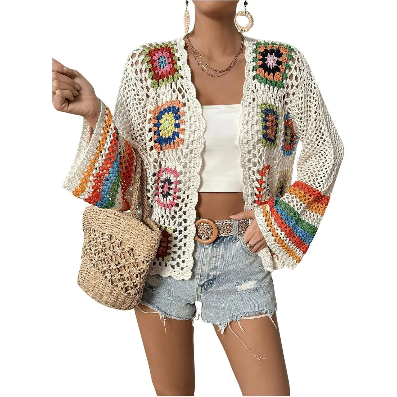 Women's Floral Crochet Open Front Long Sleeve Cardigan Sweater Hollow Out Knitwear