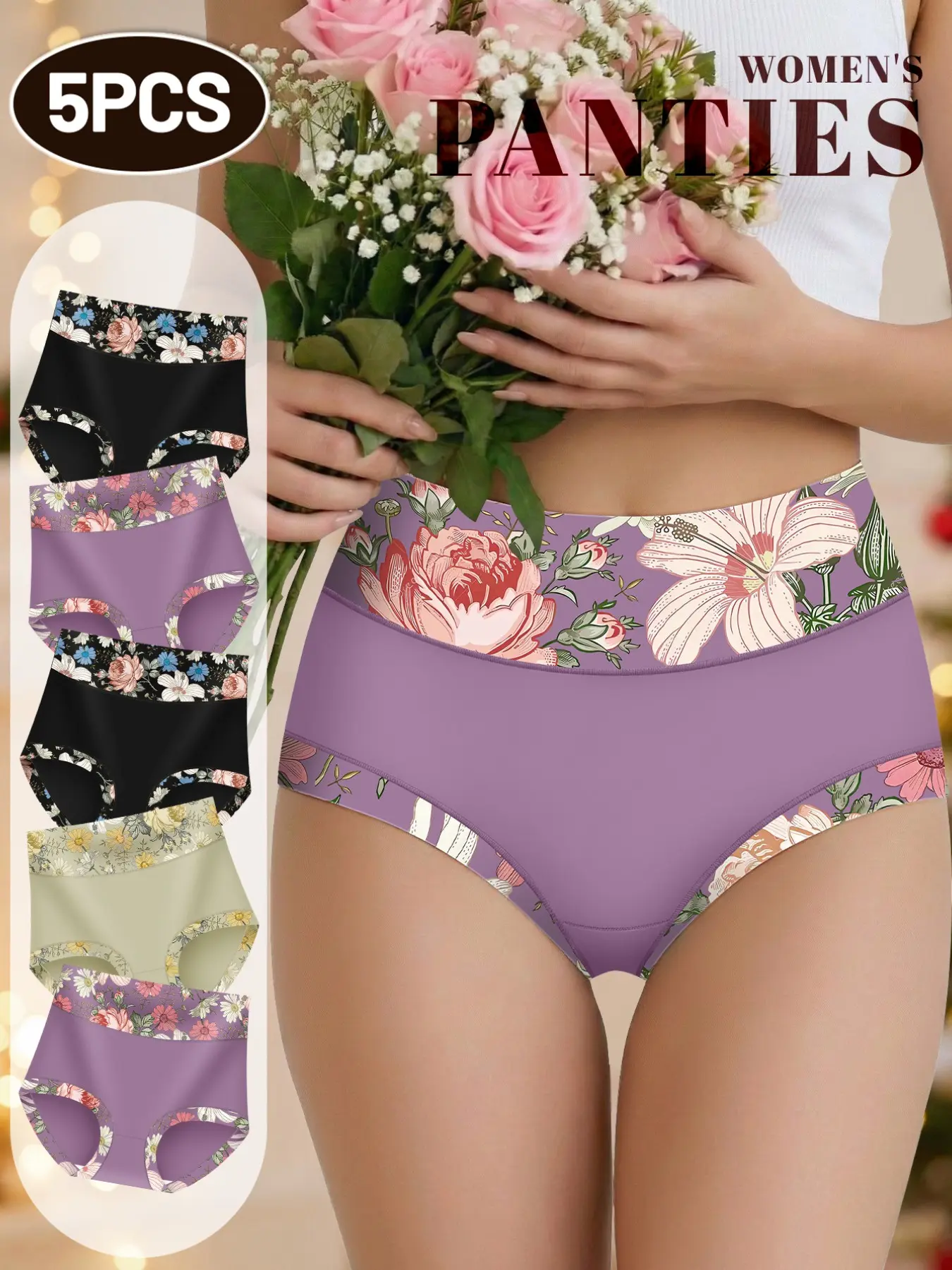 5-Pack Mid-Waist Floral Patchwork Women's Underwear, Soft Breathable Full Coverage Non-Irritating Panties, Everyday Daily Wear for Mature Women