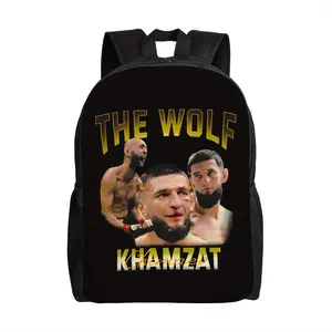 Khamzat Chimaev The Wolf UFC Fighter Vintage Portrait Waterproof Oxford 2D Flat Print Backpack Adjustable Padded Straps MMA Combat Sports Themed Daypack For Fight Fans Carry Bag