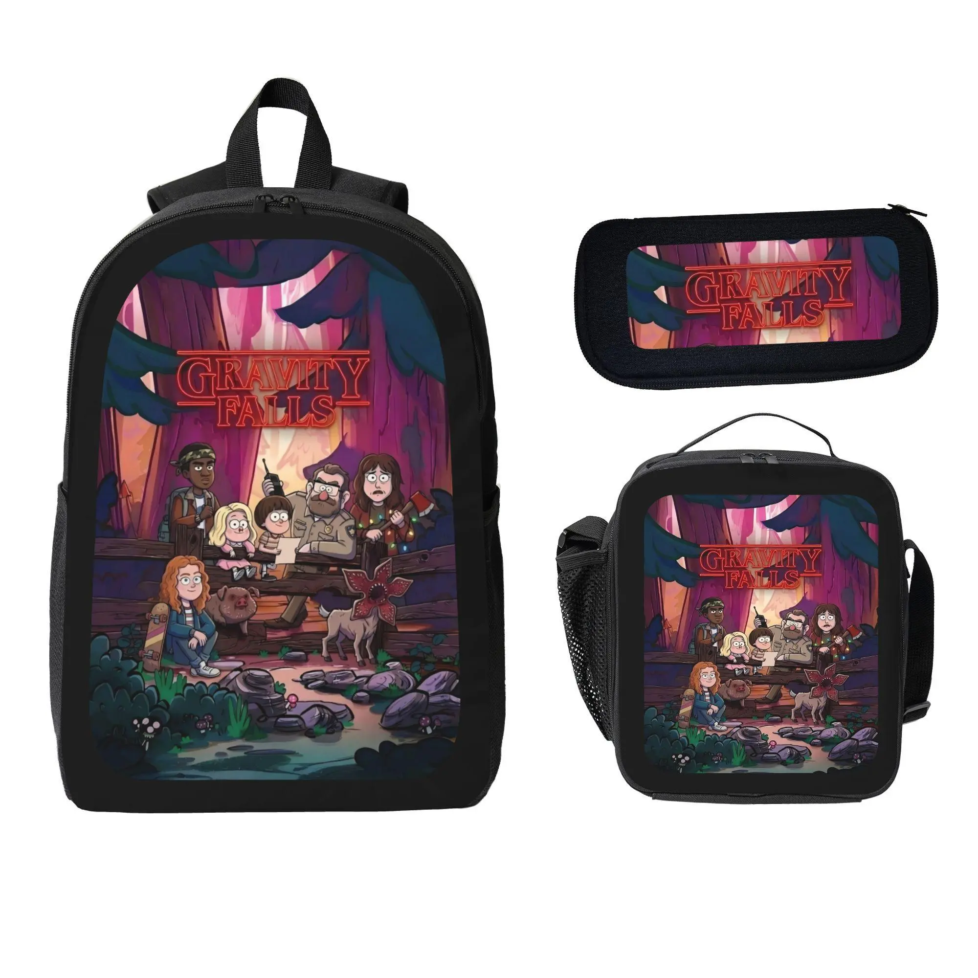 Gravity Falls Character Print Unisex Student Backpack 3-Piece Complete Set - Zip Pencil Case, Lunch Bag, Book & Supply Storage, Lunch Freshness Retention, Complete Set for Daily Use