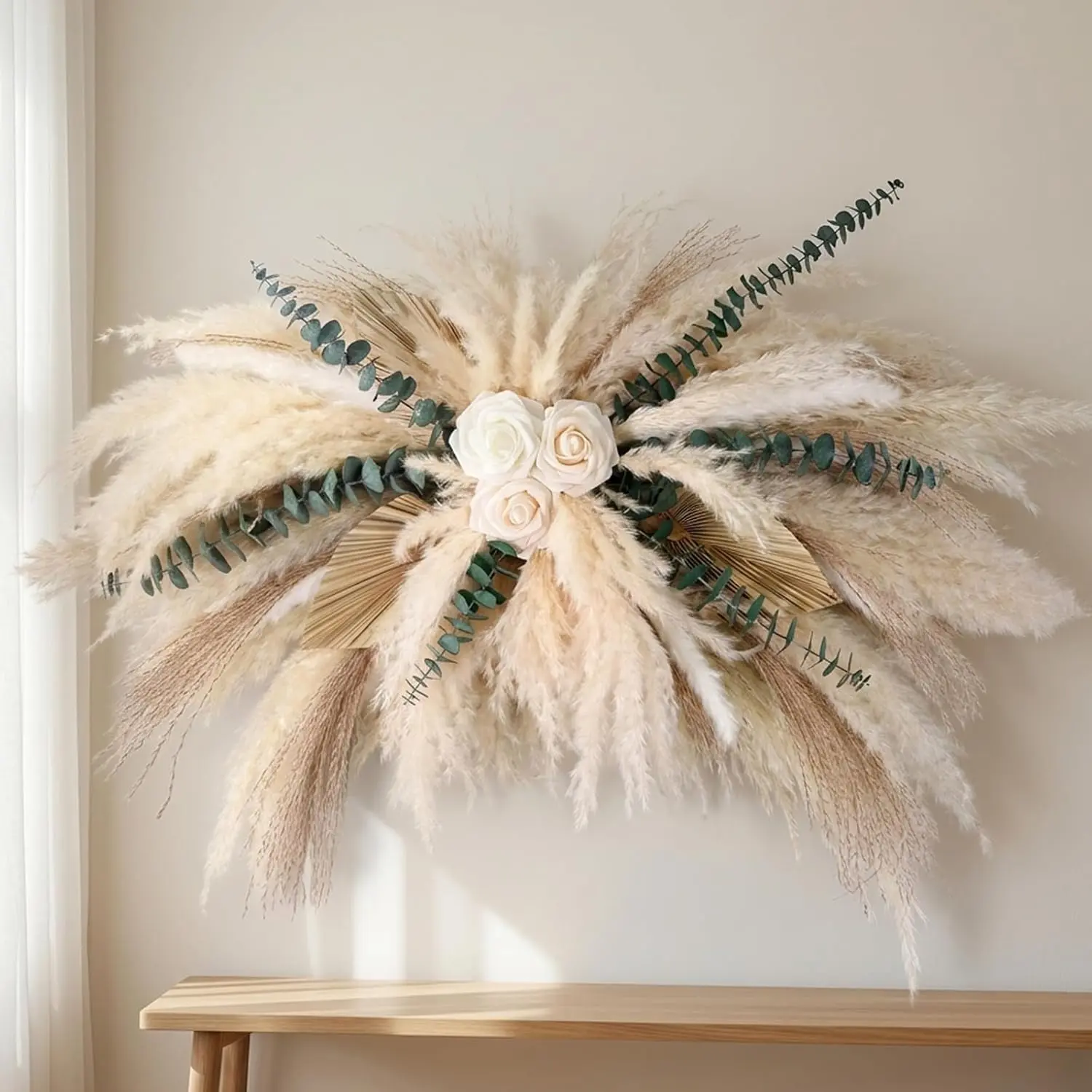 36-38" Large Pampas & Eucalyptus Wall Decor, DIY Artificial Roses & Natural Dried Boho Hanging Flowers for Wall, Mirror, Wedding Arch, Entryway Decor, Gift, Requires Assembly & Easy Install
