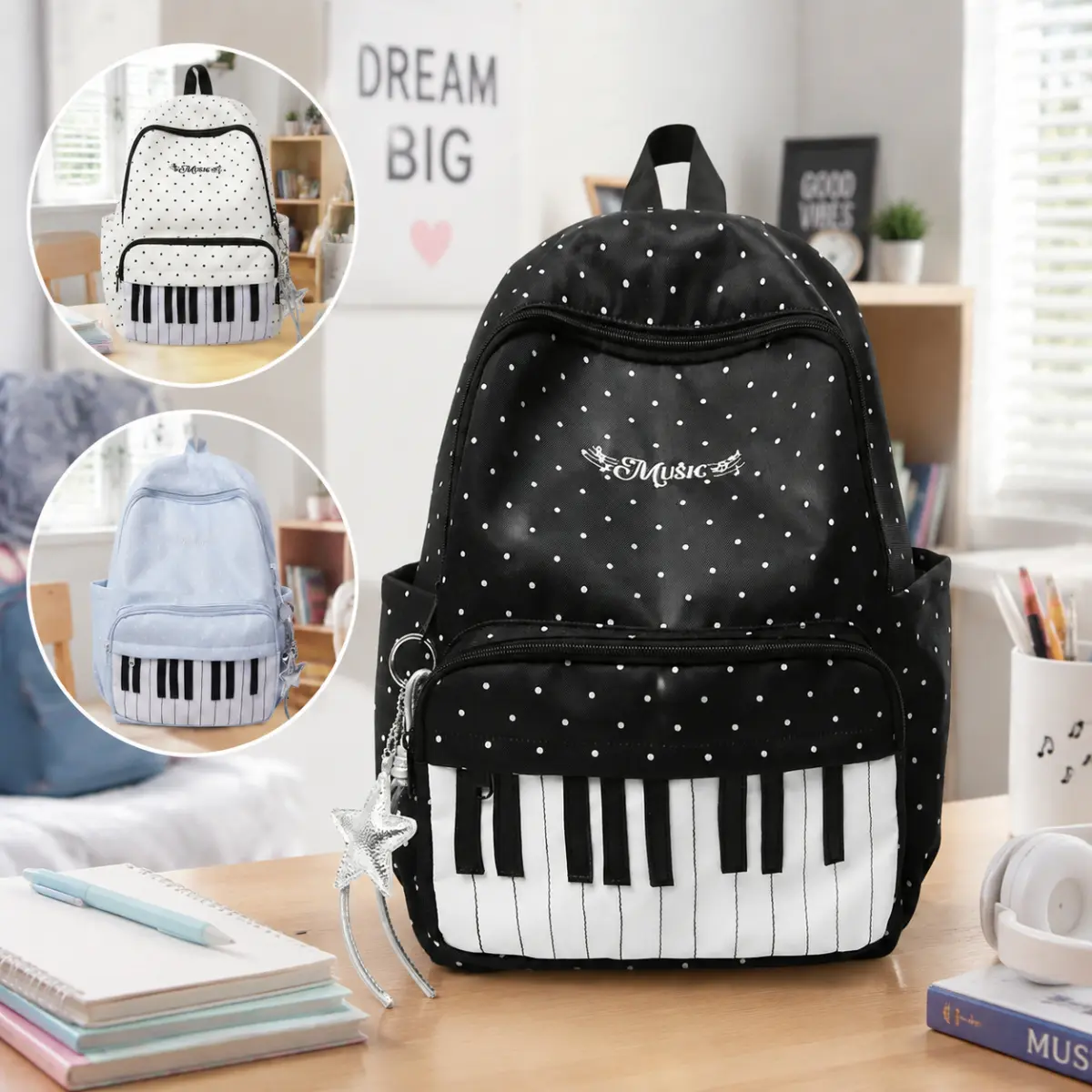 Piano Keys Polka Dot School Backpack - Water Resistant Large Capacity Music Theme Bookbag for Kids Girls Boys Back to School