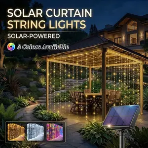 Outdoor Solar Curtain Lights, LED String Lights with 8 Modes, Warm Light, Wedding Garden Bedroom Decor, Indoor Outdoor Wall Decoration