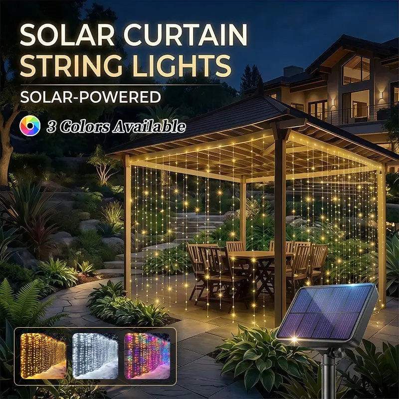 Outdoor Solar Curtain Lights, LED String Lights with 8 Modes, Warm Light, Wedding Garden Bedroom Decor, Indoor Outdoor Wall Decoration