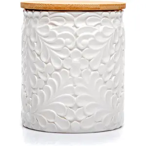 Small Engraved Ceramic Kitchen Canister - Storage Jars with Airtight Lids Made from Bamboo with Nature-Inspired Engraving - Use as a Pasta Holder, Coffee Ground Holder, Rice Container - 30 Ounces