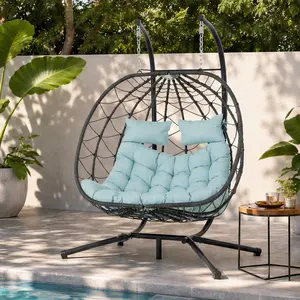 ARCH 2-Person Hanging Egg Chair with Stand, Blue Steel Frame PE Wicker Swing Chair, Indoor Outdoor Patio Balcony Garden Swing Basket with Cushion, Foldable Design for Relaxation Reading, Blue Color Options, Steel Material, Product Dimensions: 36.20