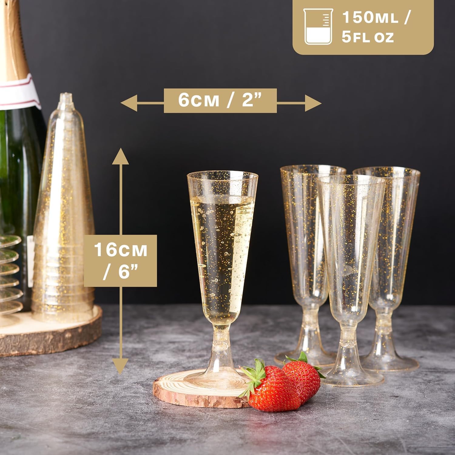 Disposable 50-Pack 5oz Gold Glitter Plastic Champagne Flutes - Toasting Glasses for Weddings, Parties, Desserts, Mimosas (For Men's Special Occasion & Workwear Events) Disposable 50-Pack 5oz Gold Glitter Plastic Champagne Flutes - Toasting Glasses for Weddings, Parties, Desserts, Mimosas (For Men's Special Occasion & Workwear Events)