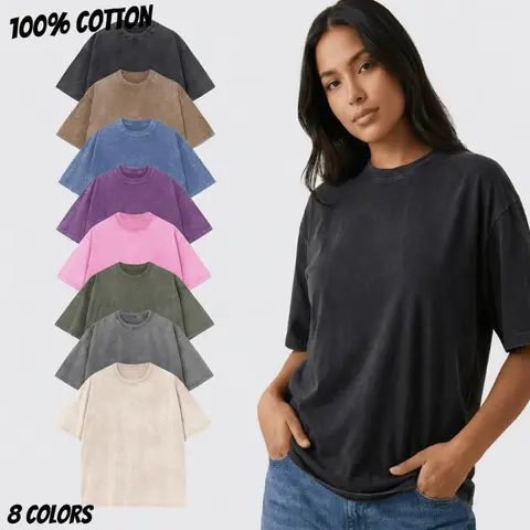 1/6 PCS Women Cotton T-Shirts Oversized Half Short Sleeves Casual Loose Soild Streetwear Tops, Unisex Retro Street T-Shirts, Loose Fit Acid Washed