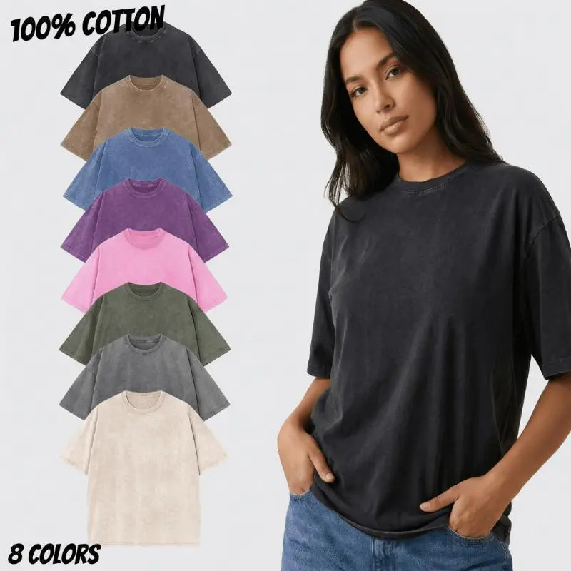 1/6 PCS Women Cotton T-Shirts Oversized Half Short Sleeves Casual Loose Soild Streetwear Tops, Unisex Retro Street T-Shirts, Loose Fit Acid Washed