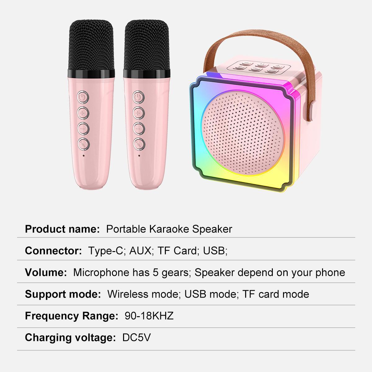 Portable Multifunction Karaoke Machine with 2 Wireless Microphones, USB Rechargeable Handheld KTV Smart Karaoke Toy with 5 Magic Sound Effects, Suitable for Home, Party, Festival
