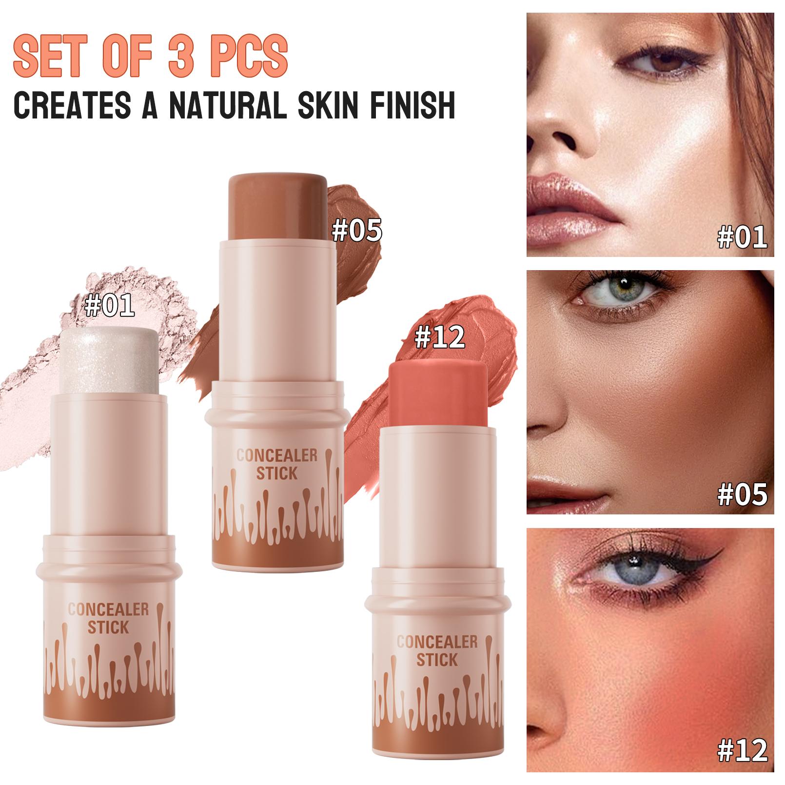 Long-Lasting Concealer Stick, 3 Counts/set Highlighter Balm, Blush & Contouring Stick, Facial Makeup Tools for Women & Girls, Bronzer Makeup