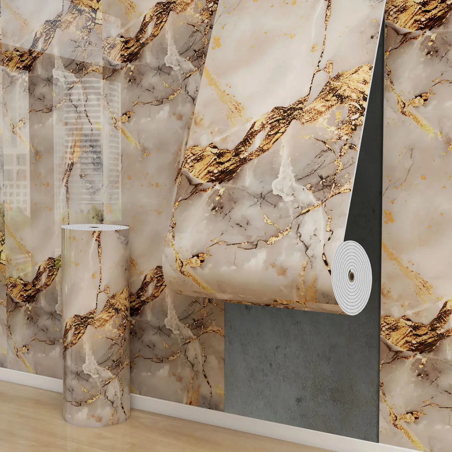 Self-Adhesive Marble Wallpaper Roll, Fireproof Waterproof Wall Material, 15.75in X 118.11in, Faux Marble Decorative Panel for Living Room